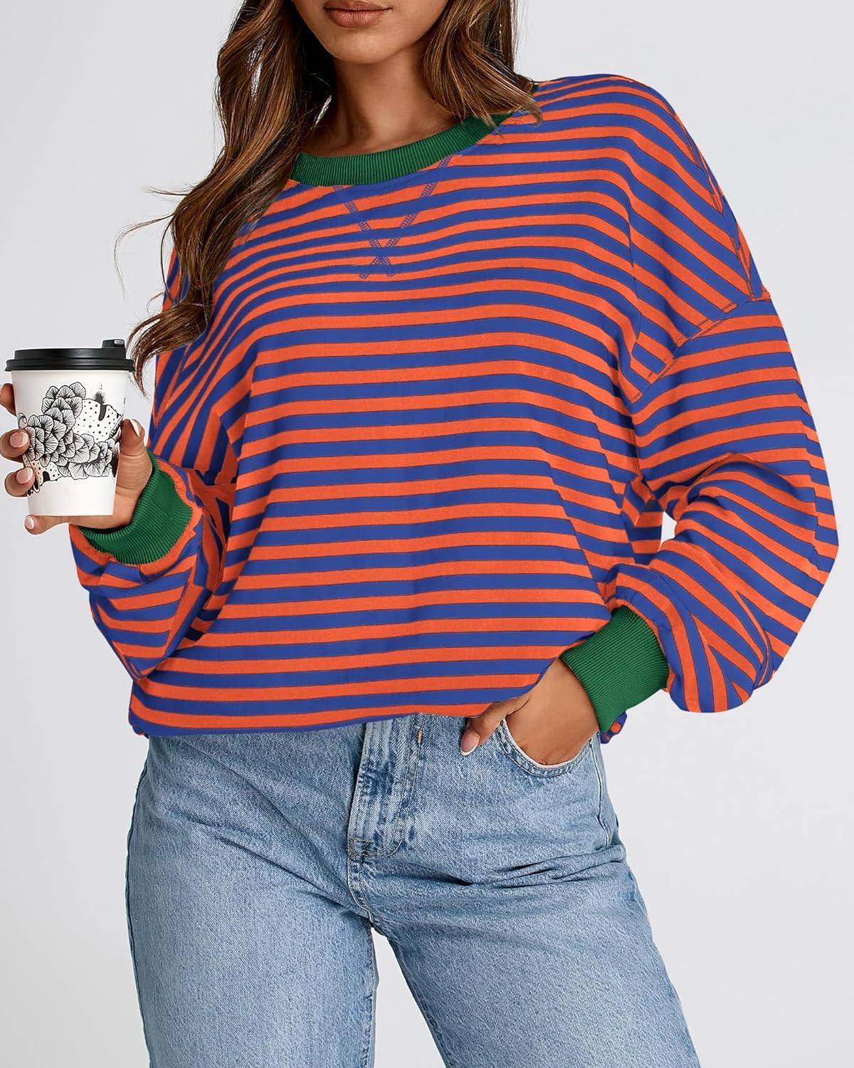 imageBTFBM Womens Oversized Striped Sweatshirt Crewneck Long Sleeve Pullover Top Casual Y2K Fall Clothes 2025 Workout ShirtRoyal Blue Orange