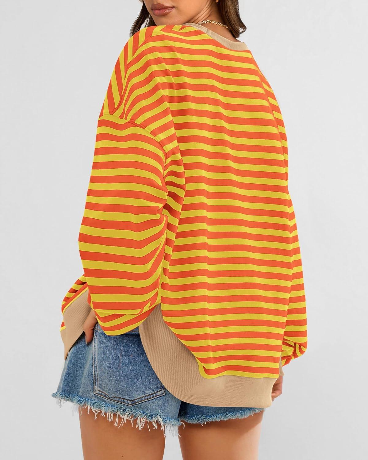 imageBTFBM Womens Oversized Striped Sweatshirt Crewneck Long Sleeve Pullover Top Casual Y2K Fall Clothes 2025 Workout ShirtYellow Orange