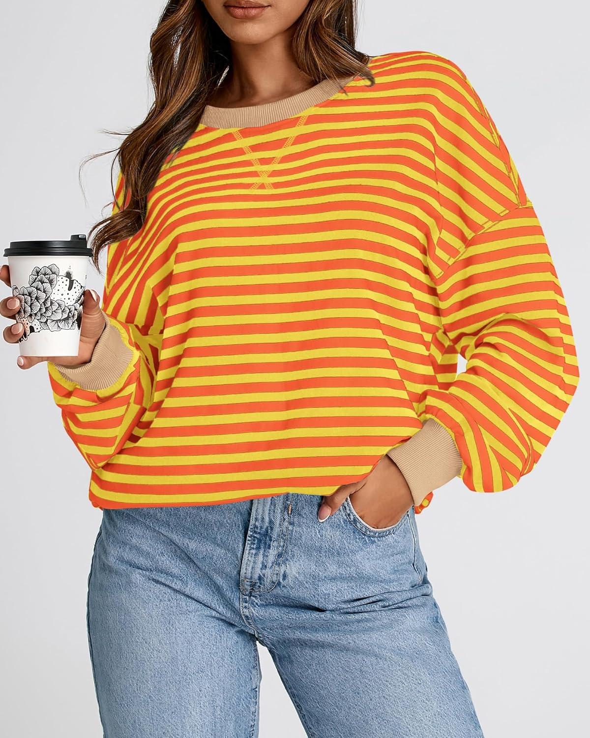 imageBTFBM Womens Oversized Striped Sweatshirt Crewneck Long Sleeve Pullover Top Casual Y2K Fall Clothes 2025 Workout ShirtYellow Orange