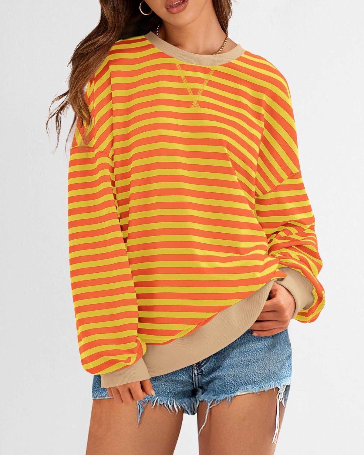 imageBTFBM Womens Oversized Striped Sweatshirt Crewneck Long Sleeve Pullover Top Casual Y2K Fall Clothes 2025 Workout ShirtYellow Orange