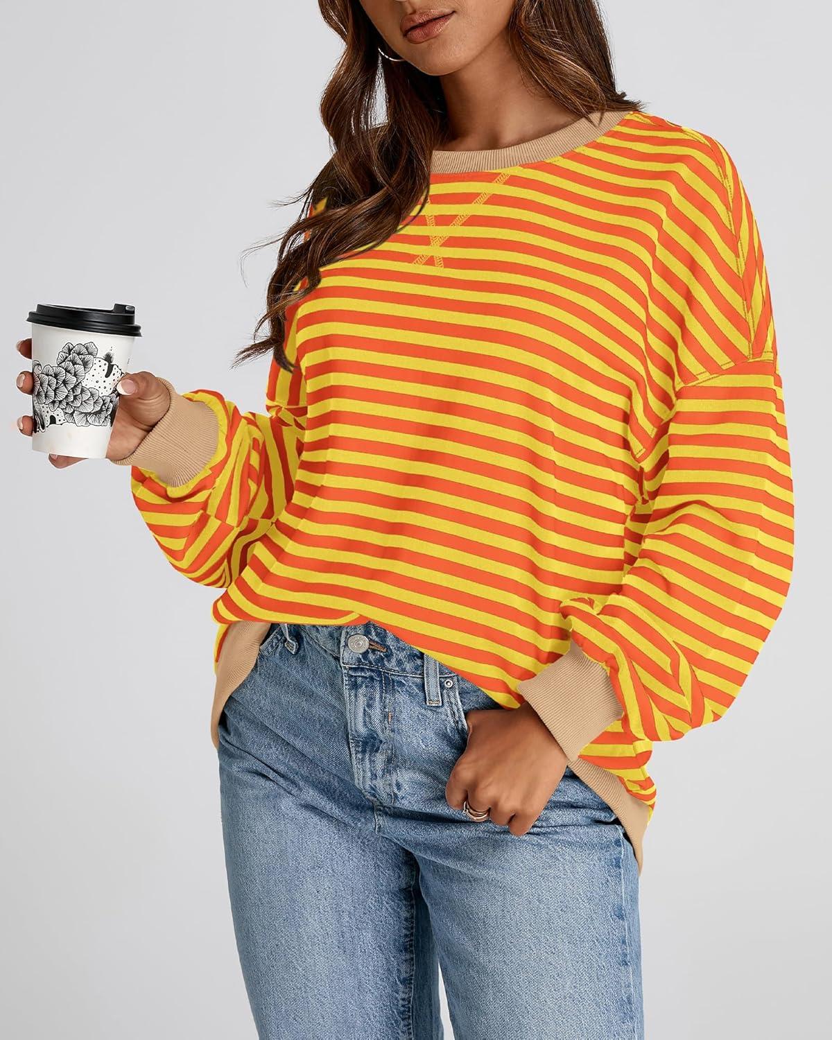imageBTFBM Womens Oversized Striped Sweatshirt Crewneck Long Sleeve Pullover Top Casual Y2K Fall Clothes 2025 Workout ShirtYellow Orange