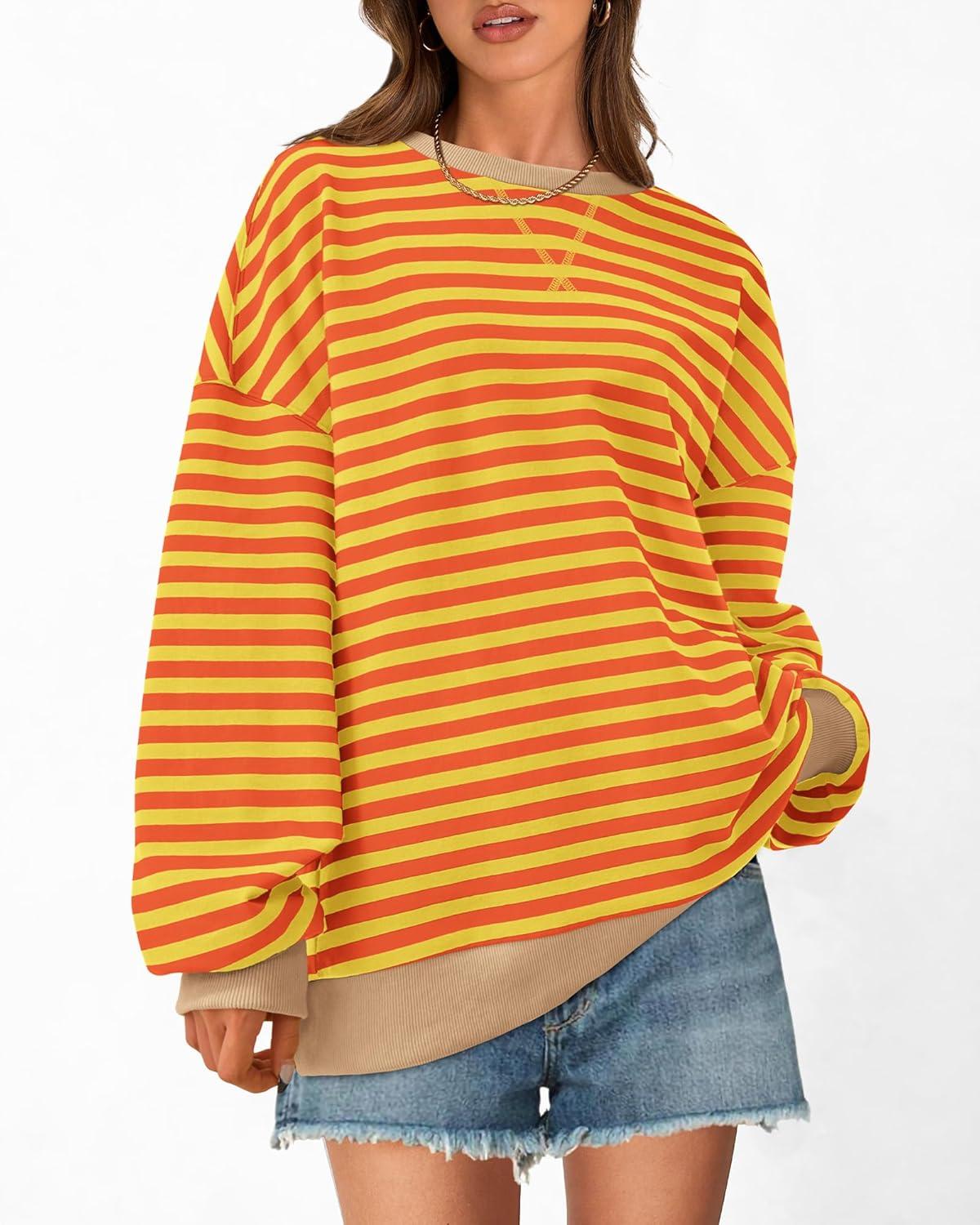imageBTFBM Womens Oversized Striped Sweatshirt Crewneck Long Sleeve Pullover Top Casual Y2K Fall Clothes 2025 Workout ShirtYellow Orange