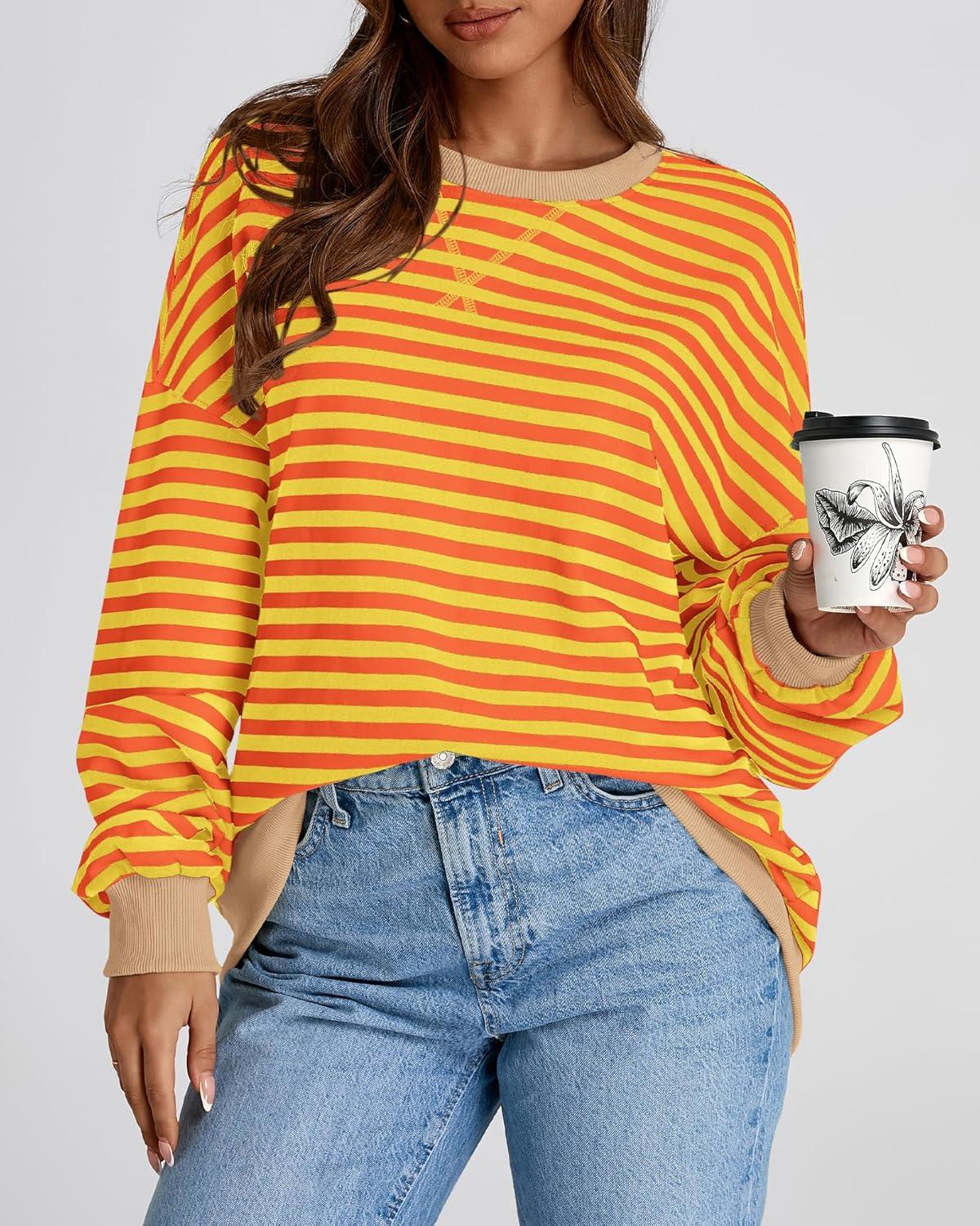 imageBTFBM Womens Oversized Striped Sweatshirt Crewneck Long Sleeve Pullover Top Casual Y2K Fall Clothes 2025 Workout ShirtYellow Orange