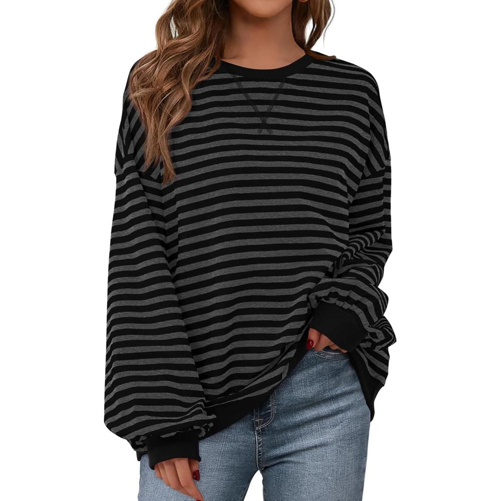 imageBTFBM Womens Oversized Striped Sweatshirt Crewneck Long Sleeve Pullover Top Casual Y2K Fall Clothes 2025 Workout ShirtBlack Dark Grey