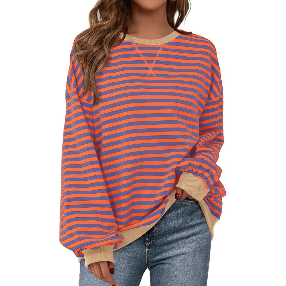 imageBTFBM Womens Oversized Striped Sweatshirt Crewneck Long Sleeve Pullover Top Casual Y2K Fall Clothes 2025 Workout ShirtBlue Orange