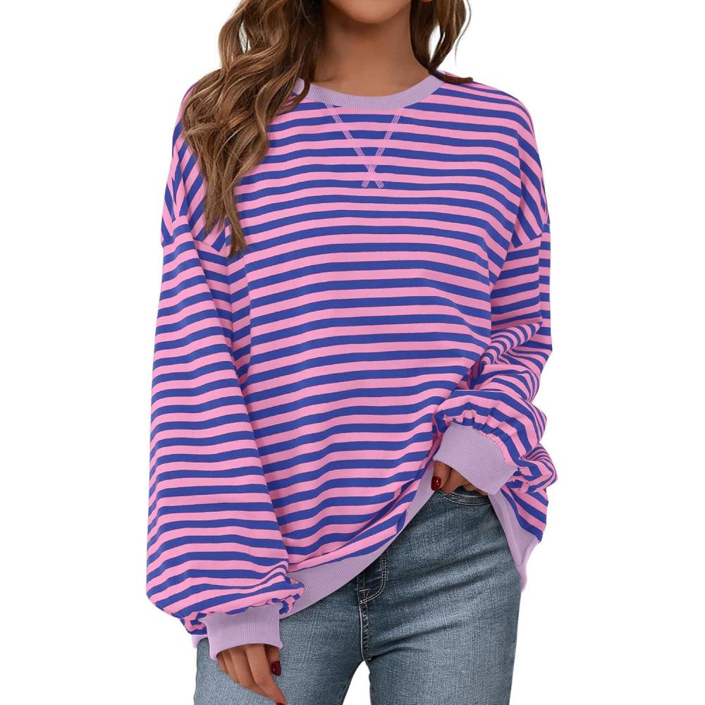 imageBTFBM Womens Oversized Striped Sweatshirt Crewneck Long Sleeve Pullover Top Casual Y2K Fall Clothes 2025 Workout ShirtBlue Pink
