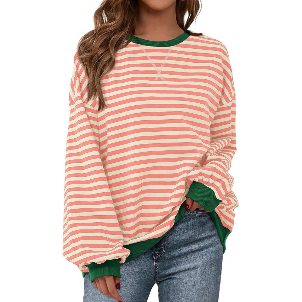 imageBTFBM Womens Oversized Striped Sweatshirt Crewneck Long Sleeve Pullover Top Casual Y2K Fall Clothes 2025 Workout ShirtLight Orange Apricot