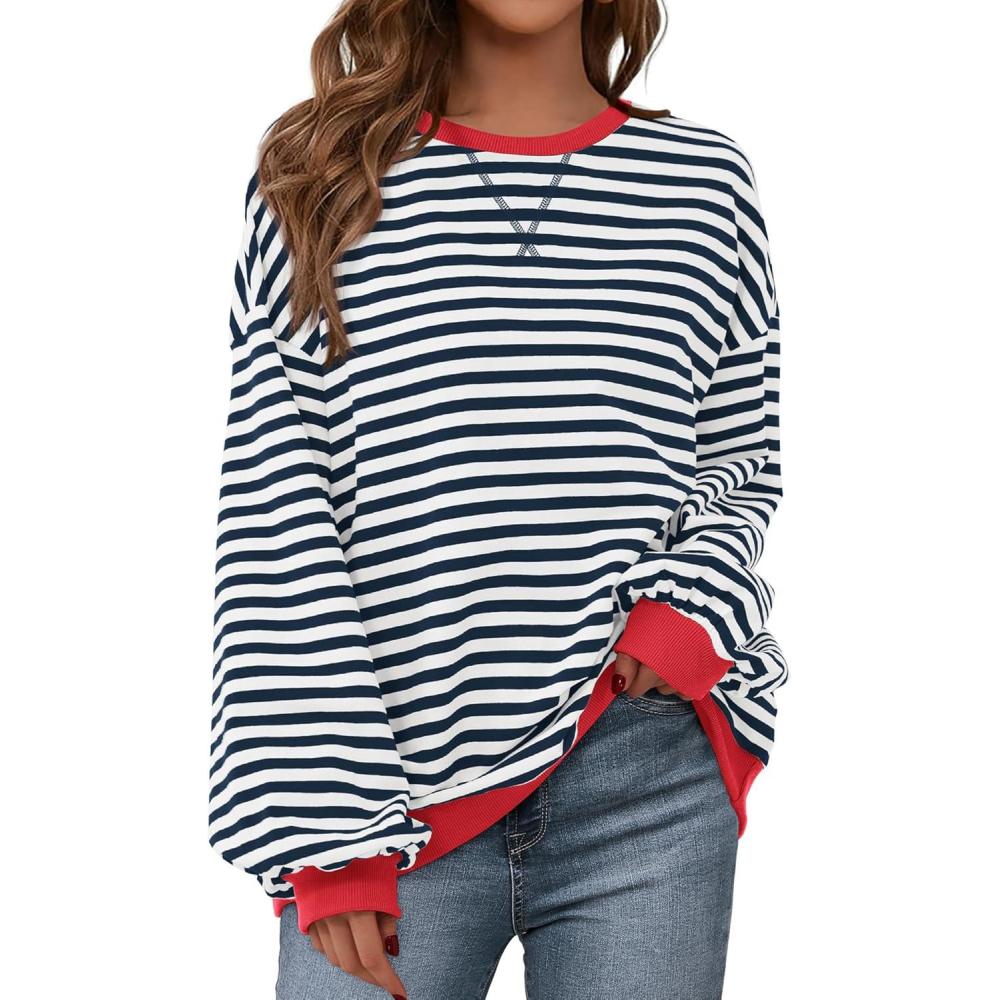 imageBTFBM Womens Oversized Striped Sweatshirt Crewneck Long Sleeve Pullover Top Casual Y2K Fall Clothes 2025 Workout ShirtNavy White