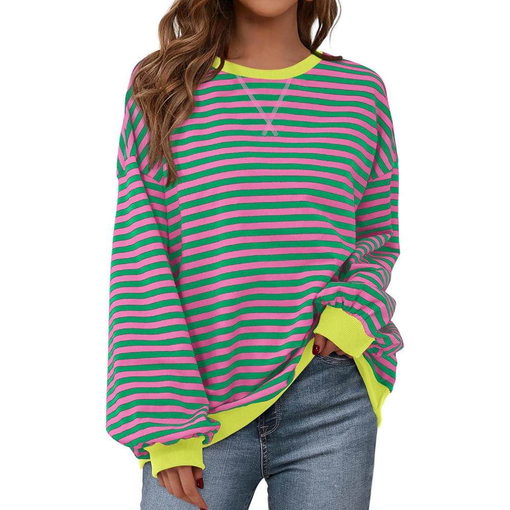 imageBTFBM Womens Oversized Striped Sweatshirt Crewneck Long Sleeve Pullover Top Casual Y2K Fall Clothes 2025 Workout ShirtPink Green