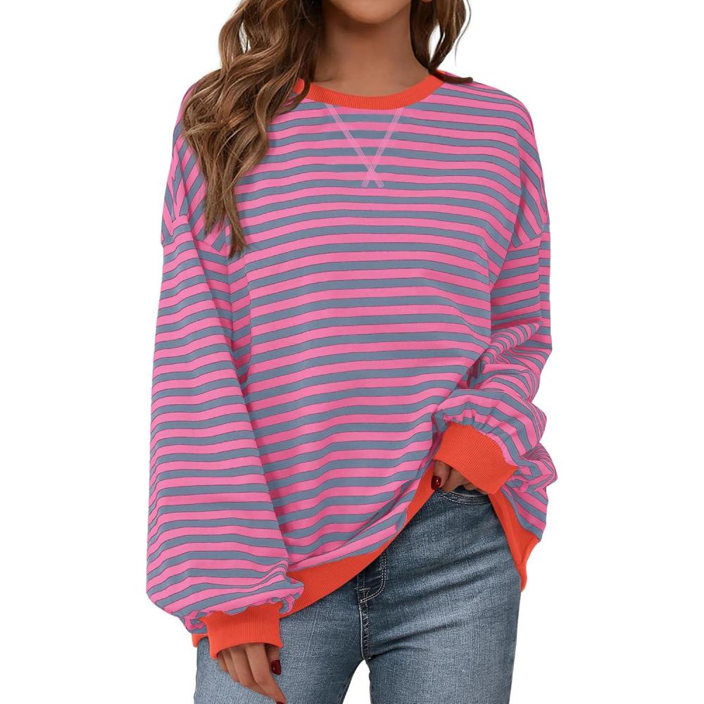 imageBTFBM Womens Oversized Striped Sweatshirt Crewneck Long Sleeve Pullover Top Casual Y2K Fall Clothes 2025 Workout ShirtRose Red Grey Blue