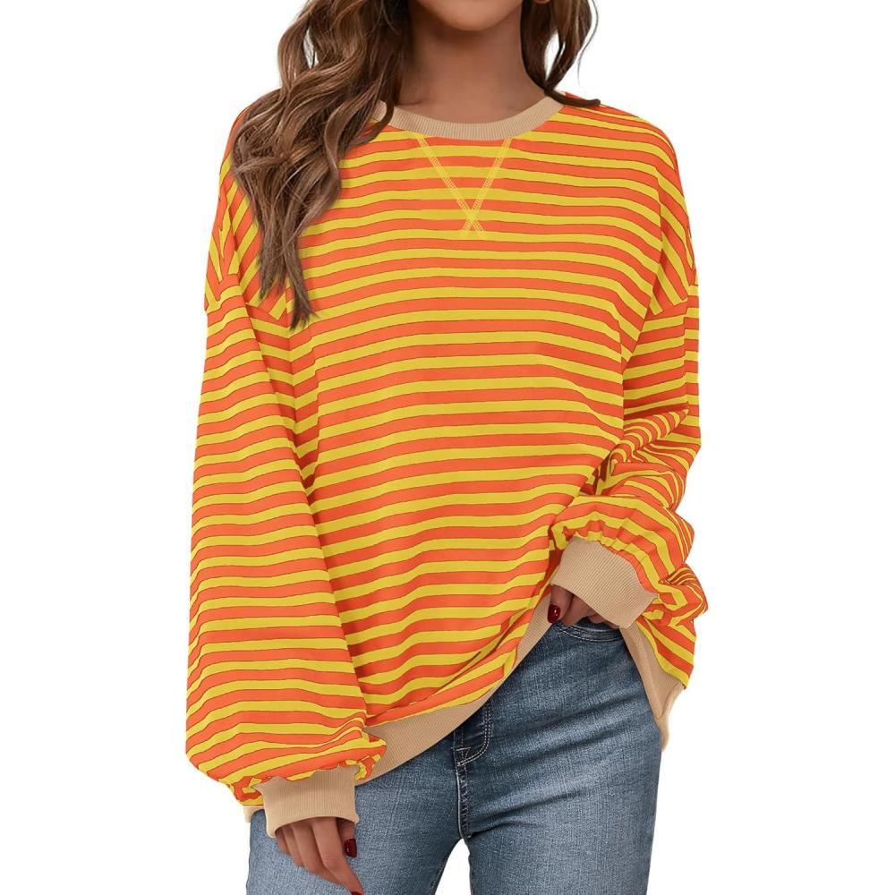 imageBTFBM Womens Oversized Striped Sweatshirt Crewneck Long Sleeve Pullover Top Casual Y2K Fall Clothes 2025 Workout ShirtYellow Orange