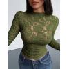 imageBTFBM Mesh Long Sleeve Tops for Women Lace Sexy Sheer See Through Crew Neck Floral Shirt Fall Blouses 2025 Party Club OutfitsArmy Green