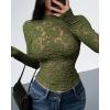 imageBTFBM Mesh Long Sleeve Tops for Women Lace Sexy Sheer See Through Crew Neck Floral Shirt Fall Blouses 2025 Party Club OutfitsArmy Green