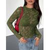 imageBTFBM Mesh Long Sleeve Tops for Women Lace Sexy Sheer See Through Crew Neck Floral Shirt Fall Blouses 2025 Party Club OutfitsArmy Green