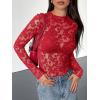 imageBTFBM Mesh Long Sleeve Tops for Women Lace Sexy Sheer See Through Crew Neck Floral Shirt Fall Blouses 2025 Party Club OutfitsRed