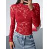 imageBTFBM Mesh Long Sleeve Tops for Women Lace Sexy Sheer See Through Crew Neck Floral Shirt Fall Blouses 2025 Party Club OutfitsRed