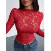 imageBTFBM Mesh Long Sleeve Tops for Women Lace Sexy Sheer See Through Crew Neck Floral Shirt Fall Blouses 2025 Party Club OutfitsRed