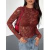 imageBTFBM Mesh Long Sleeve Tops for Women Lace Sexy Sheer See Through Crew Neck Floral Shirt Fall Blouses 2025 Party Club OutfitsRed Brown
