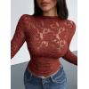 imageBTFBM Mesh Long Sleeve Tops for Women Lace Sexy Sheer See Through Crew Neck Floral Shirt Fall Blouses 2025 Party Club OutfitsRed Brown