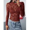 imageBTFBM Mesh Long Sleeve Tops for Women Lace Sexy Sheer See Through Crew Neck Floral Shirt Fall Blouses 2025 Party Club OutfitsRed Brown