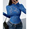 imageBTFBM Mesh Long Sleeve Tops for Women Lace Sexy Sheer See Through Crew Neck Floral Shirt Fall Blouses 2025 Party Club OutfitsRoyal Blue