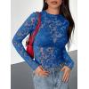 imageBTFBM Mesh Long Sleeve Tops for Women Lace Sexy Sheer See Through Crew Neck Floral Shirt Fall Blouses 2025 Party Club OutfitsRoyal Blue