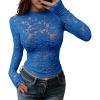 imageBTFBM Mesh Long Sleeve Tops for Women Lace Sexy Sheer See Through Crew Neck Floral Shirt Fall Blouses 2025 Party Club OutfitsRoyal Blue