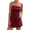 imageBTFBM Summer Womens Romper 2025 Strapless Tube Top Beach Vacation Clothes Ruffle Boho Loose Shorts Jumpsuits PocketsBurgundy