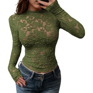 imageBTFBM Mesh Long Sleeve Tops for Women Lace Sexy Sheer See Through Crew Neck Floral Shirt Fall Blouses 2025 Party Club OutfitsArmy Green