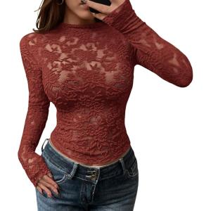 imageBTFBM Mesh Long Sleeve Tops for Women Lace Sexy Sheer See Through Crew Neck Floral Shirt Fall Blouses 2025 Party Club OutfitsRed Brown