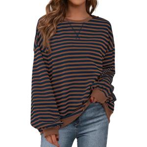 imageBTFBM Womens Oversized Striped Sweatshirt Crewneck Long Sleeve Pullover Top Casual Y2K Fall Clothes 2025 Workout ShirtBrown Navy