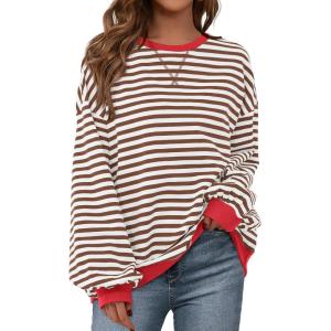 imageBTFBM Womens Oversized Striped Sweatshirt Crewneck Long Sleeve Pullover Top Casual Y2K Fall Clothes 2025 Workout ShirtBrown White