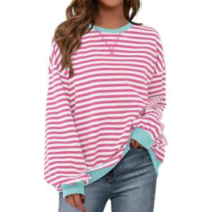 imageBTFBM Womens Oversized Striped Sweatshirt Crewneck Long Sleeve Pullover Top Casual Y2K Fall Clothes 2025 Workout ShirtPink White