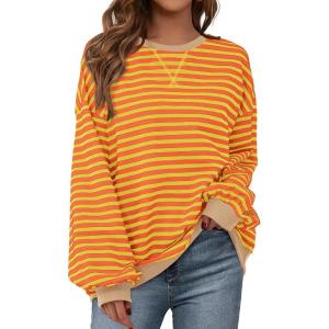 imageBTFBM Womens Oversized Striped Sweatshirt Crewneck Long Sleeve Pullover Top Casual Y2K Fall Clothes 2025 Workout ShirtYellow Orange
