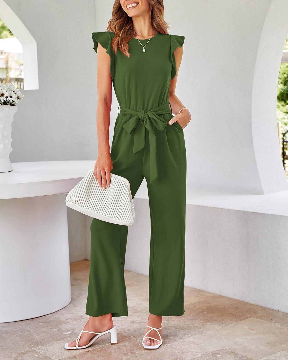 imageBTFBM Women Jumpsuits Crew Neck Ruffle Cap Sleeve Belted High Waist Wide Leg Romper with Pockets One Piece Casual OutfitsArmy Green