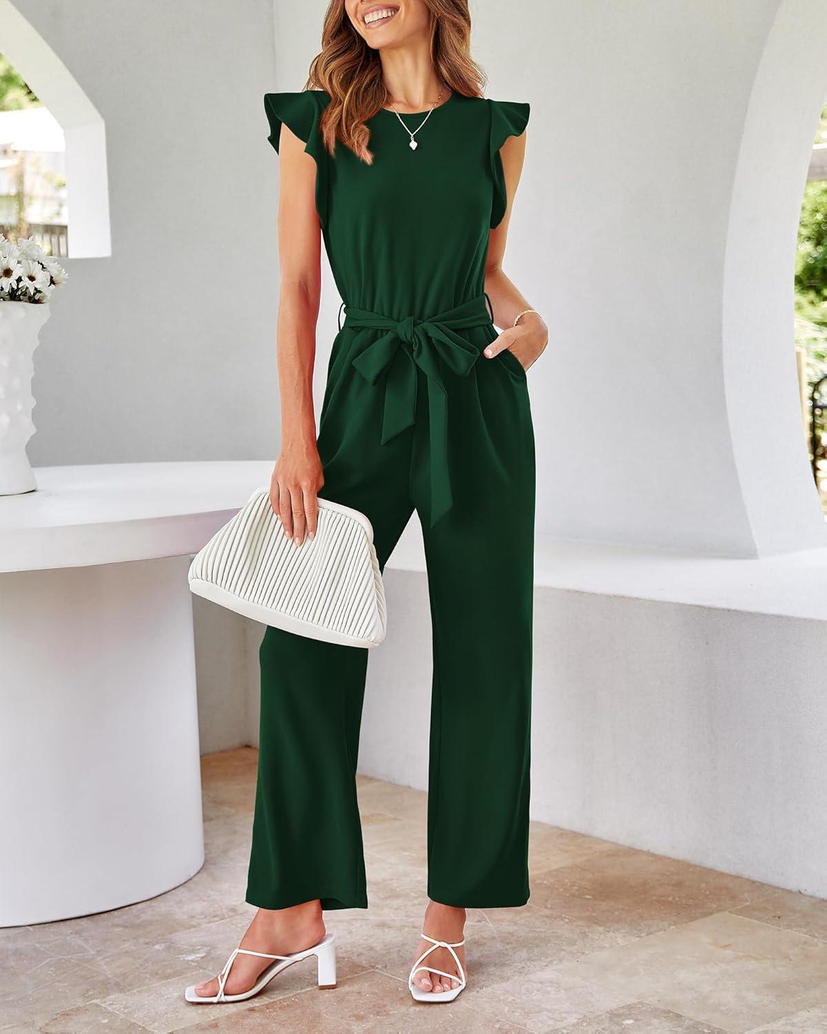 imageBTFBM Women Jumpsuits Crew Neck Ruffle Cap Sleeve Belted High Waist Wide Leg Romper with Pockets One Piece Casual OutfitsDark Green
