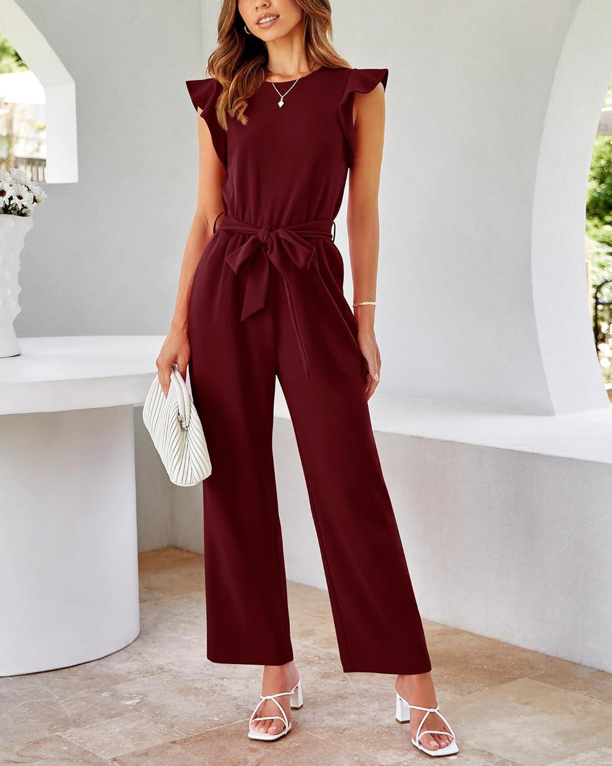 imageBTFBM Women Jumpsuits Crew Neck Ruffle Cap Sleeve Belted High Waist Wide Leg Romper with Pockets One Piece Casual OutfitsWine Red