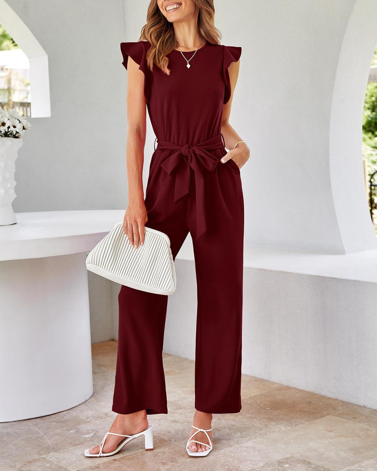 imageBTFBM Women Jumpsuits Crew Neck Ruffle Cap Sleeve Belted High Waist Wide Leg Romper with Pockets One Piece Casual OutfitsWine Red