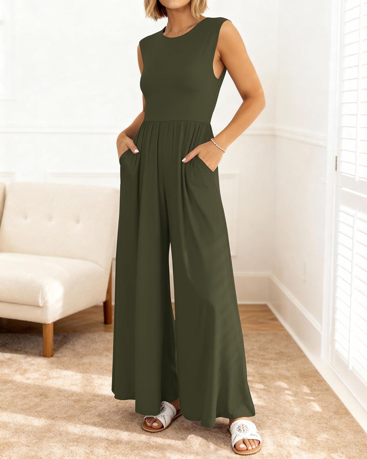 imageBTFBM Womens Casual Jumpsuits Dressy 2025 Summer One Piece Outfits Crew Neck Sleeveless Knit Wide Leg Pants Romper BeachArmy Green
