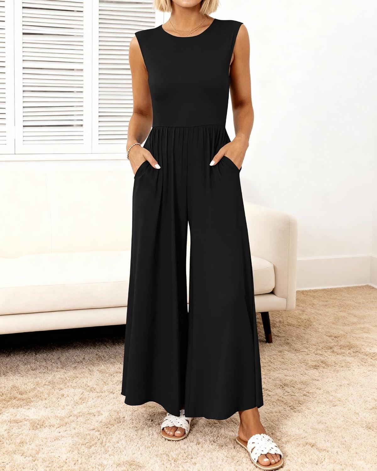 imageBTFBM Womens Casual Jumpsuits Dressy 2025 Summer One Piece Outfits Crew Neck Sleeveless Knit Wide Leg Pants Romper BeachBlack