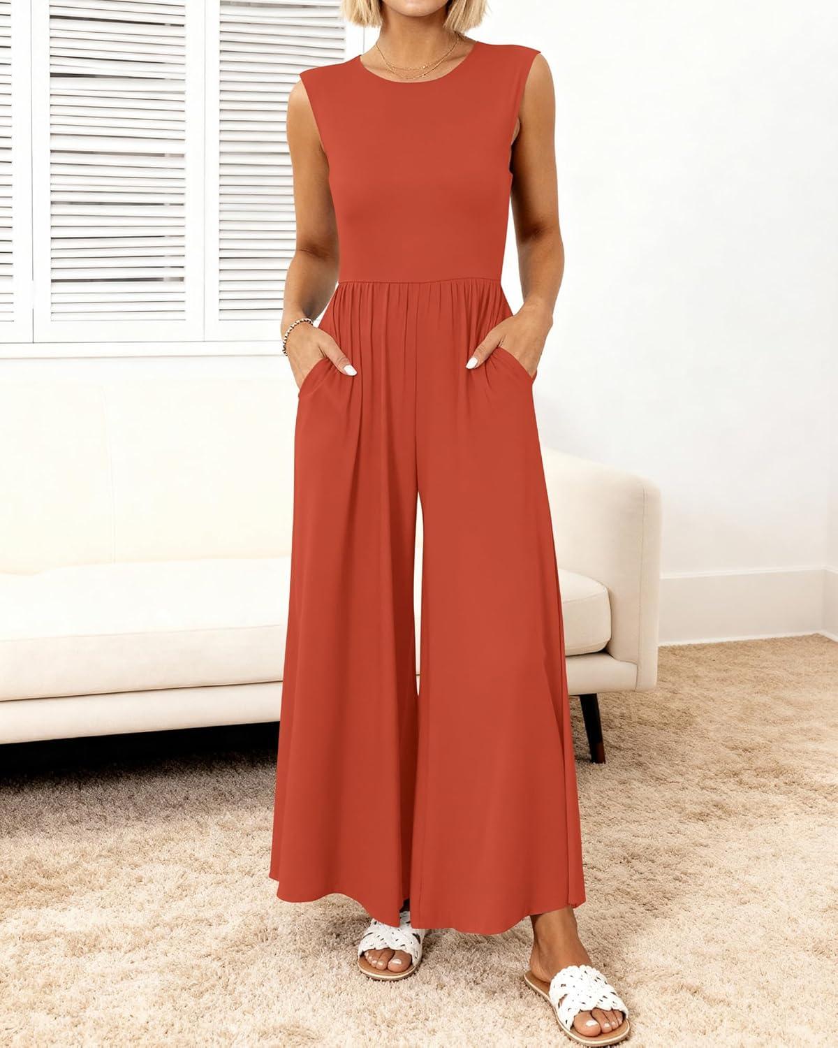 imageBTFBM Womens Casual Jumpsuits Dressy 2025 Summer One Piece Outfits Crew Neck Sleeveless Knit Wide Leg Pants Romper BeachBrick Red