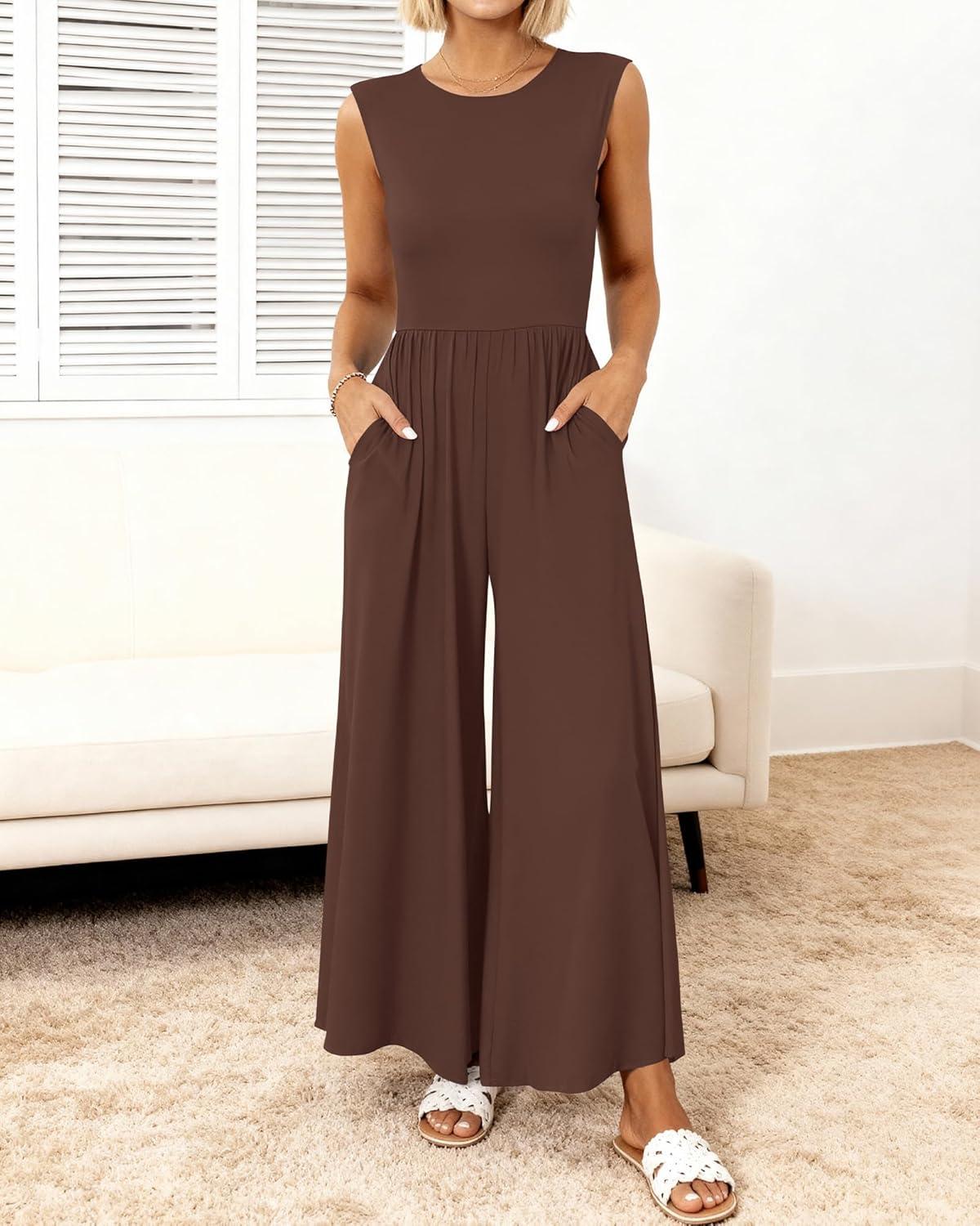 imageBTFBM Womens Casual Jumpsuits Dressy 2025 Summer One Piece Outfits Crew Neck Sleeveless Knit Wide Leg Pants Romper BeachCoffee