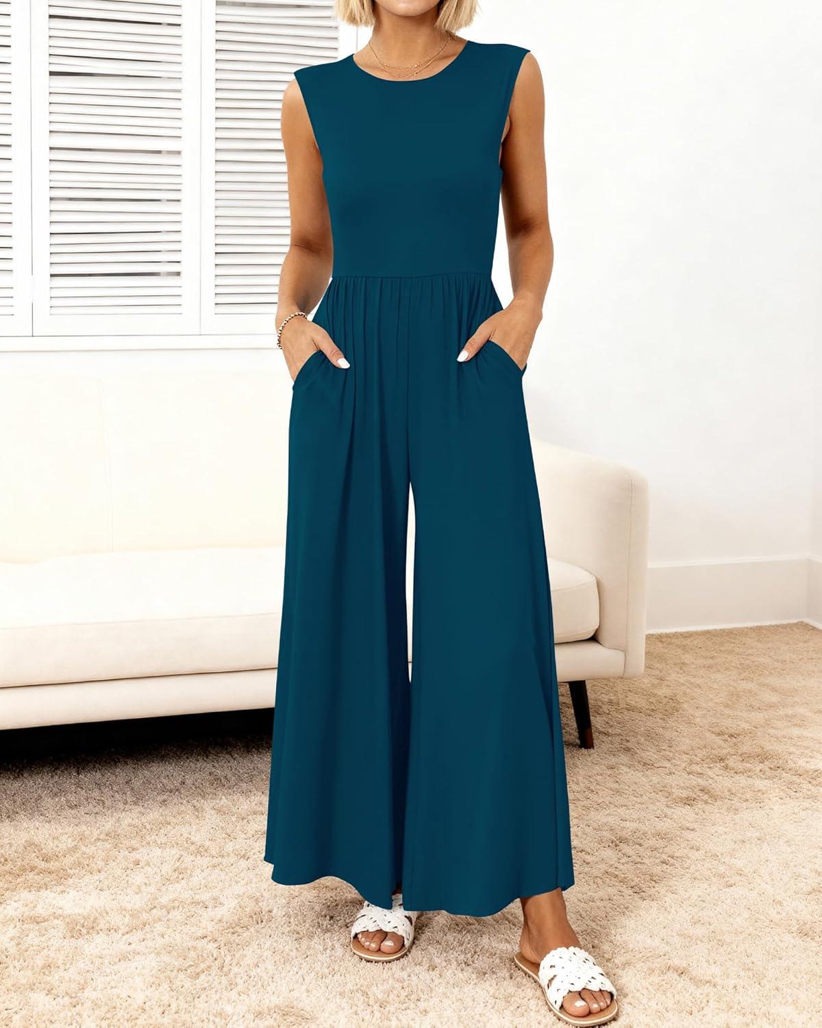 imageBTFBM Womens Casual Jumpsuits Dressy 2025 Summer One Piece Outfits Crew Neck Sleeveless Knit Wide Leg Pants Romper BeachDark Blue