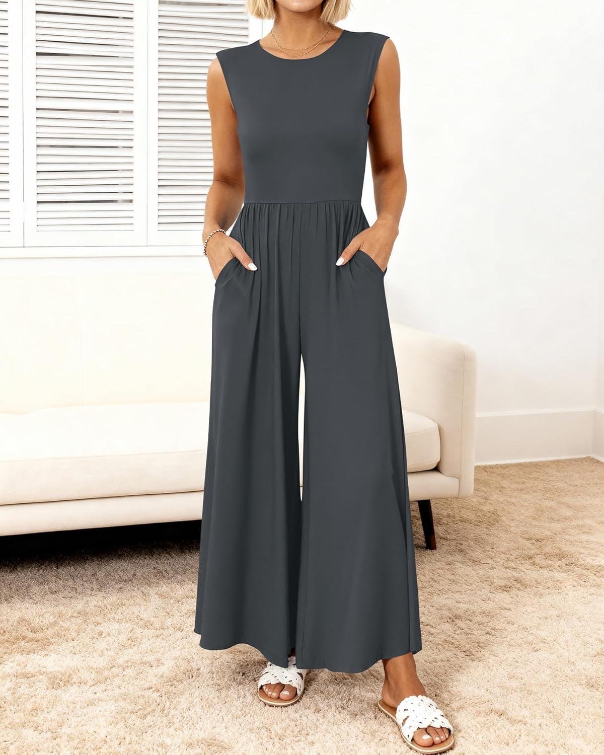 imageBTFBM Womens Casual Jumpsuits Dressy 2025 Summer One Piece Outfits Crew Neck Sleeveless Knit Wide Leg Pants Romper BeachDark Grey