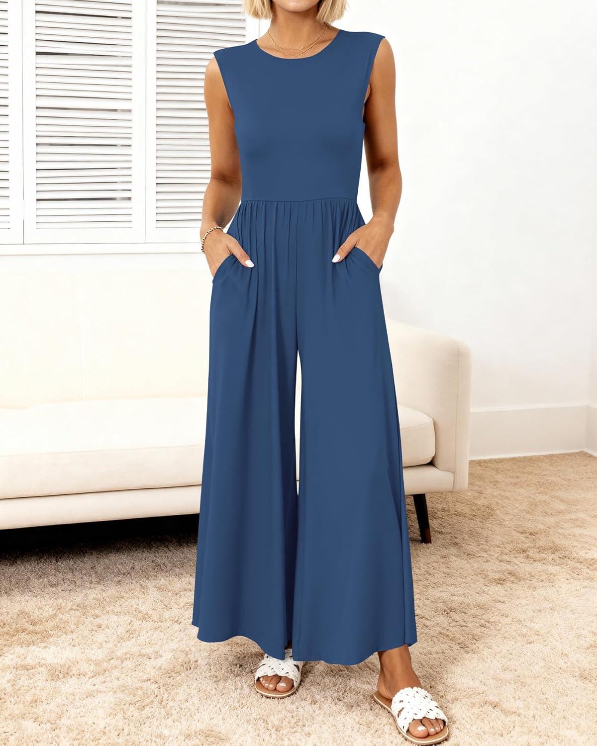 imageBTFBM Womens Casual Jumpsuits Dressy 2025 Summer One Piece Outfits Crew Neck Sleeveless Knit Wide Leg Pants Romper BeachDenim Blue