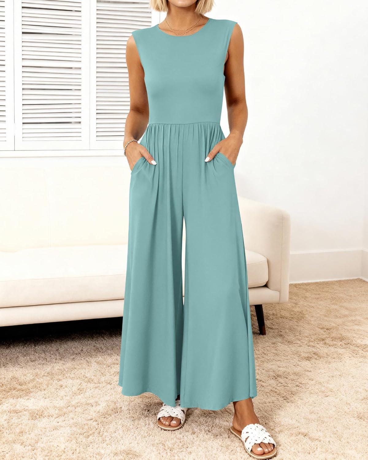 imageBTFBM Womens Casual Jumpsuits Dressy 2025 Summer One Piece Outfits Crew Neck Sleeveless Knit Wide Leg Pants Romper BeachFruit Green