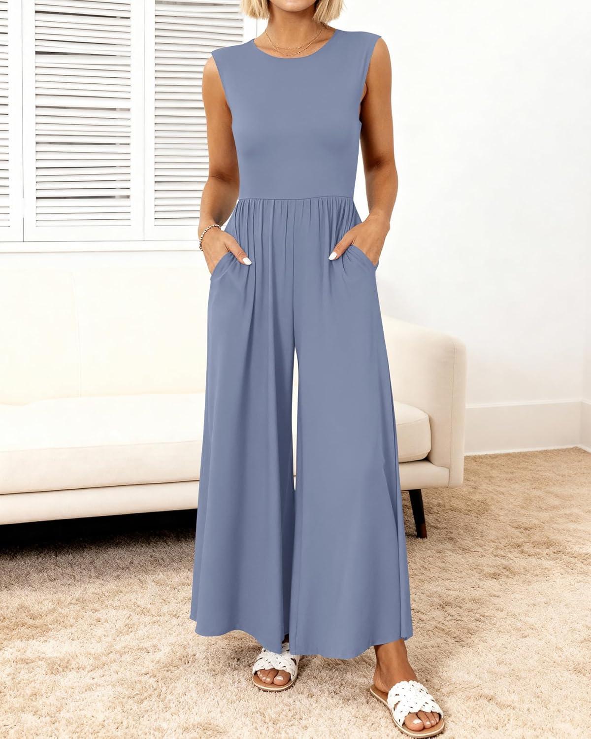 imageBTFBM Womens Casual Jumpsuits Dressy 2025 Summer One Piece Outfits Crew Neck Sleeveless Knit Wide Leg Pants Romper BeachGrey Blue