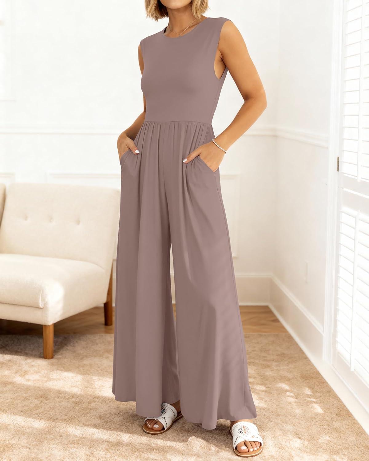 imageBTFBM Womens Casual Jumpsuits Dressy 2025 Summer One Piece Outfits Crew Neck Sleeveless Knit Wide Leg Pants Romper BeachLight Coffee