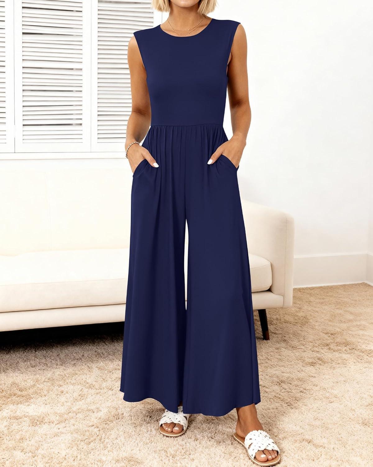 imageBTFBM Womens Casual Jumpsuits Dressy 2025 Summer One Piece Outfits Crew Neck Sleeveless Knit Wide Leg Pants Romper BeachNavy
