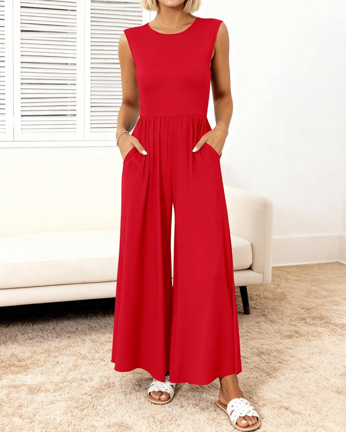 imageBTFBM Womens Casual Jumpsuits Dressy 2025 Summer One Piece Outfits Crew Neck Sleeveless Knit Wide Leg Pants Romper BeachRed